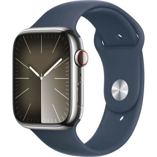 Смарт-часы Apple Watch Series 9 (GPS+Cellular) 45mm Silver Stainless Steel Case with Storm Blue Sport Band (Синий)