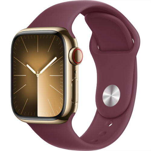 Смарт-часы Apple Watch Series 9 (GPS+Cellular) 41mm Gold Stainless Steel Case with Mulberry Sport Band (Бордовый)