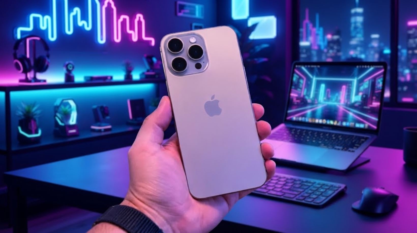 iPhone 16 Pro Max в руке на фоне рабочего стола
