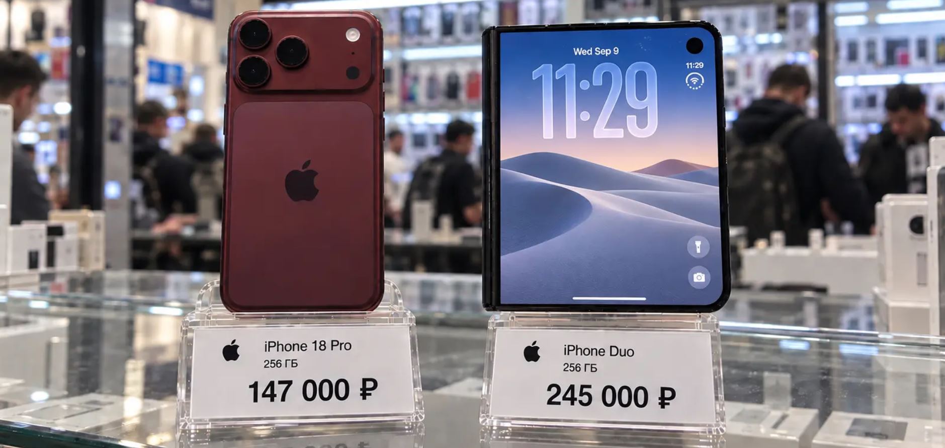 iPhone 18 Pro и iPhone Duo на витрине с ценами в рублях