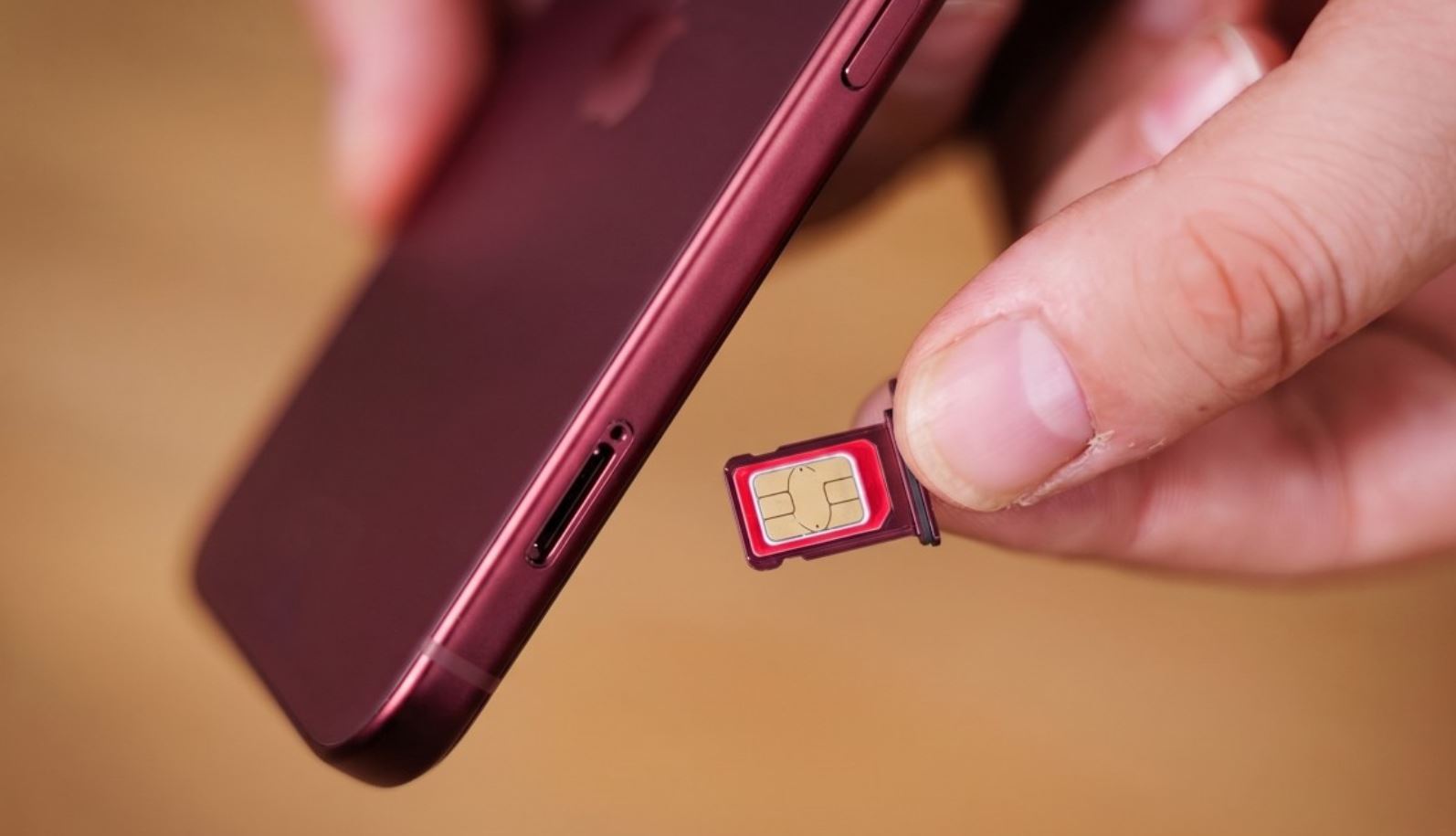 Бордовый iPhone 18 Pro рядом с лотком для SIM-карты