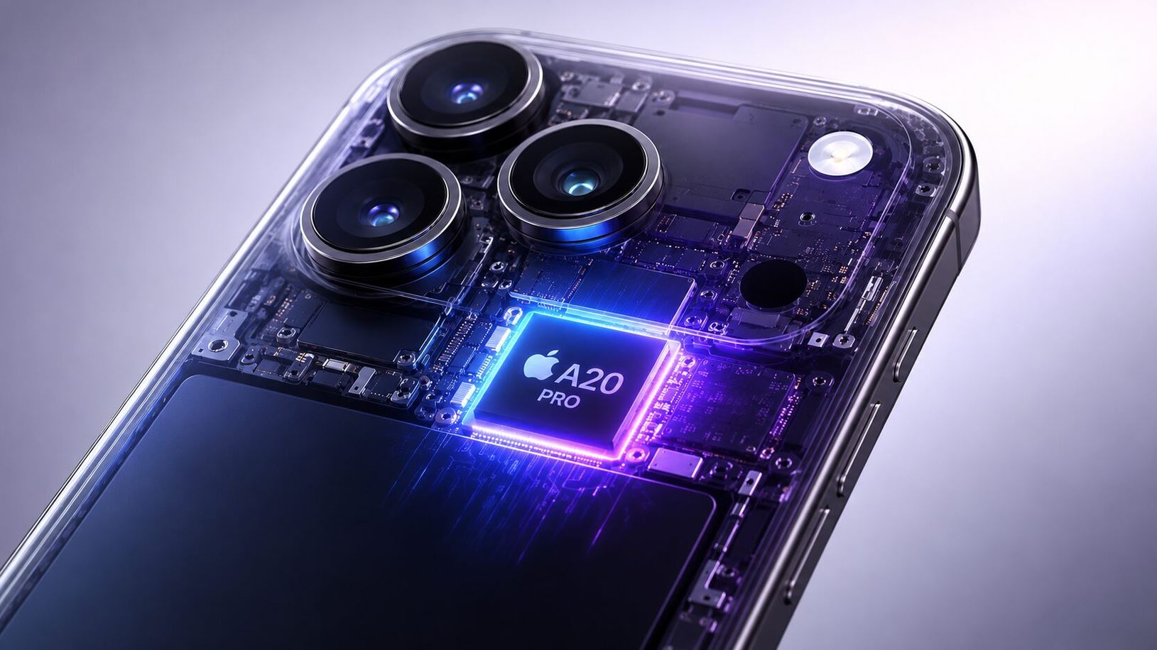 Концептуальная иллюстрация процессора A20 Pro внутри iPhone