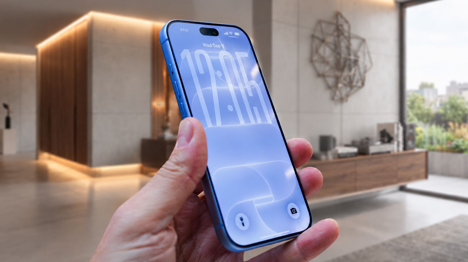 Голубой iPhone 18 Pro Max с включённым экраном в руке