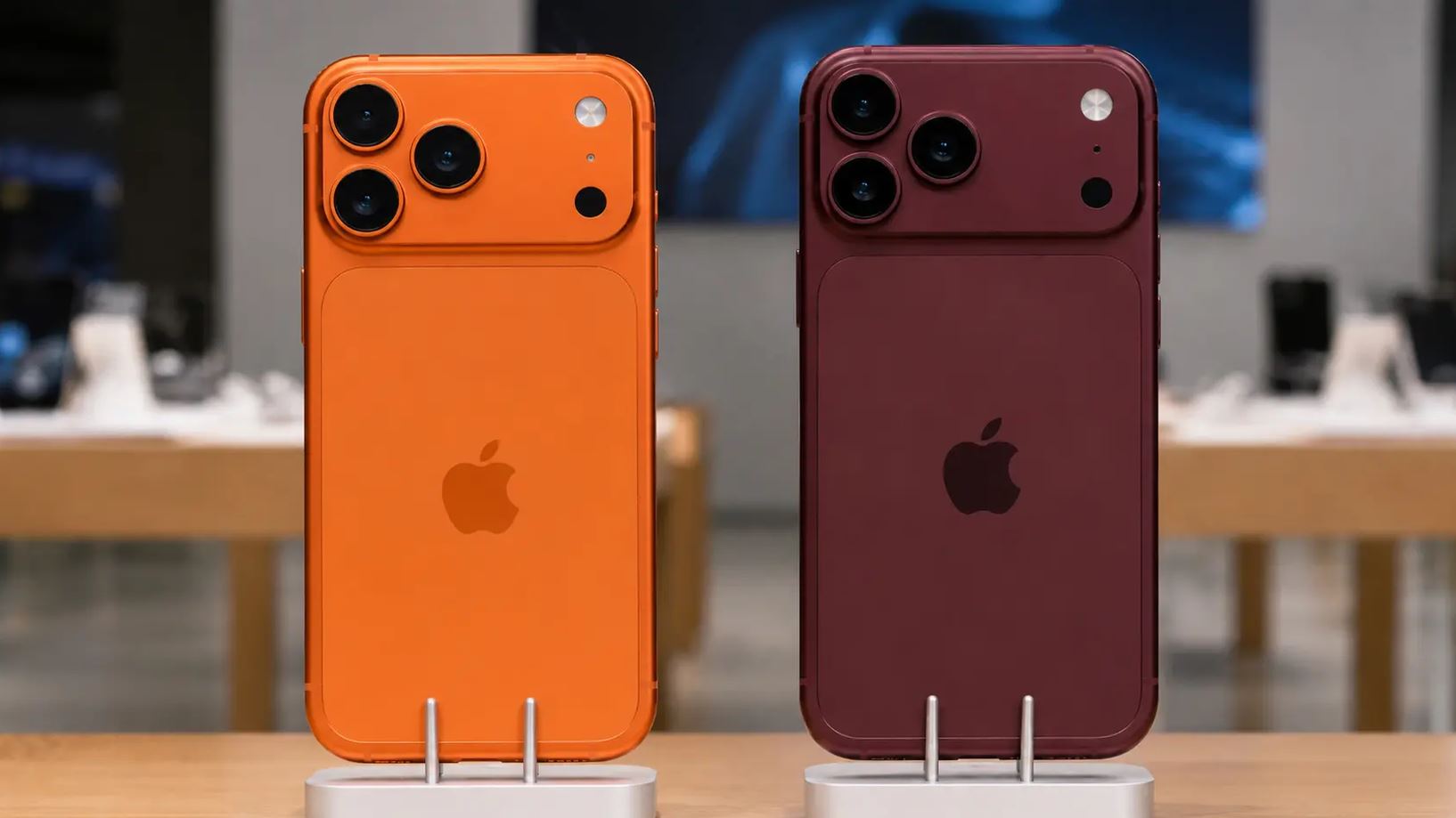 Оранжевый iPhone 17 Pro и бордовый iPhone 18 Pro на витрине