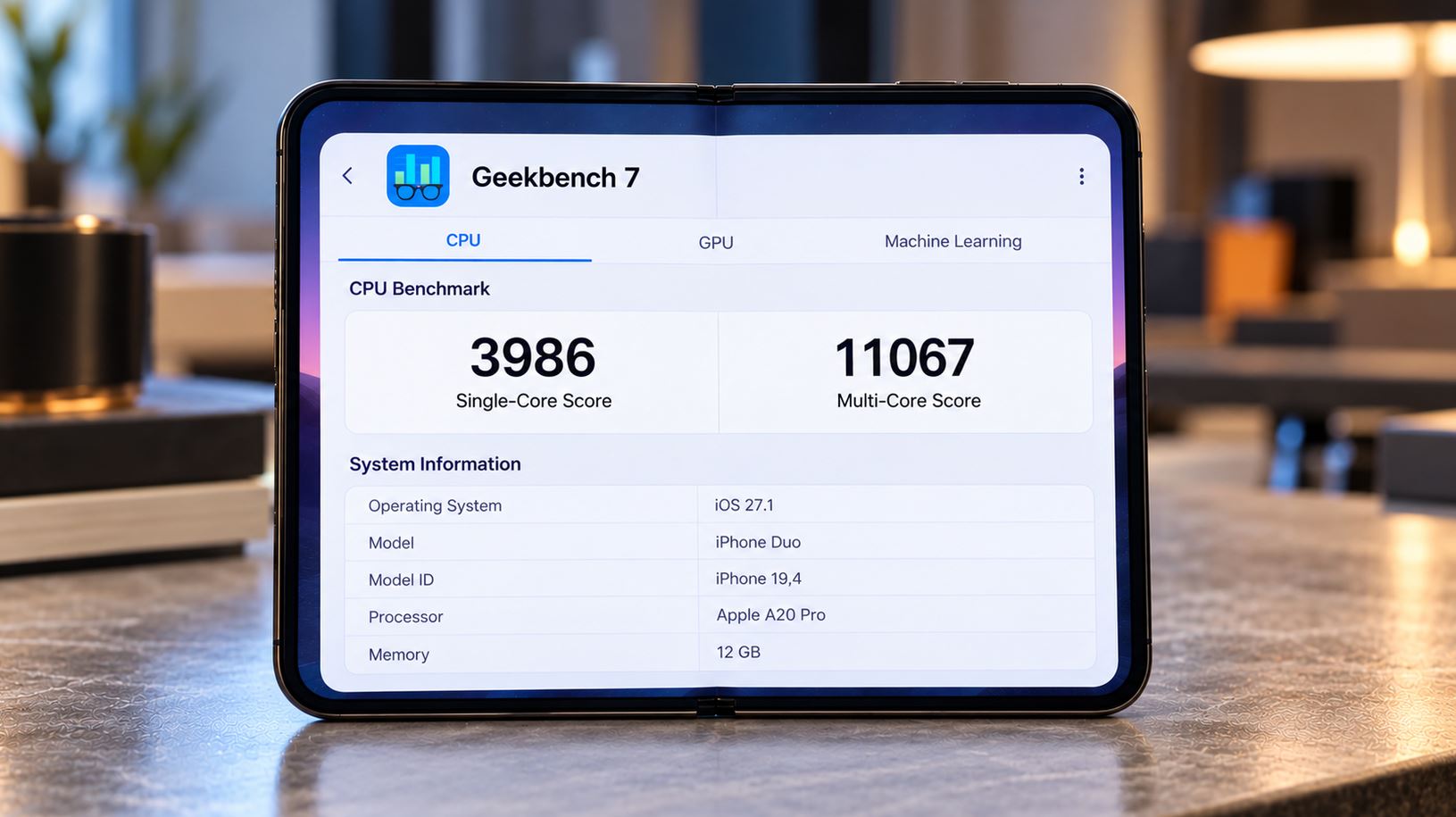 Экран iPhone Duo с результатами теста Geekbench