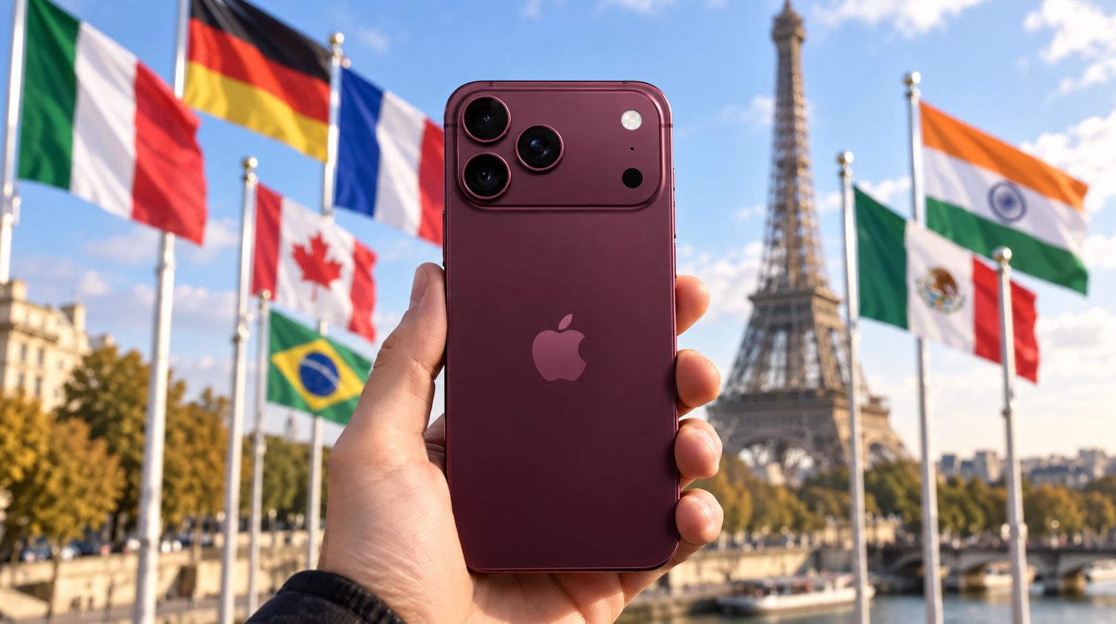 Бордовый iPhone 18 Pro в руке на фоне флагов разных стран