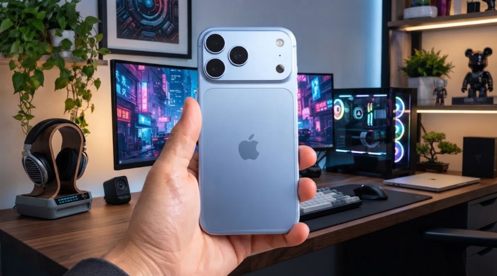 Голубой iPhone 18 Pro Max в руке на фоне рабочего стола