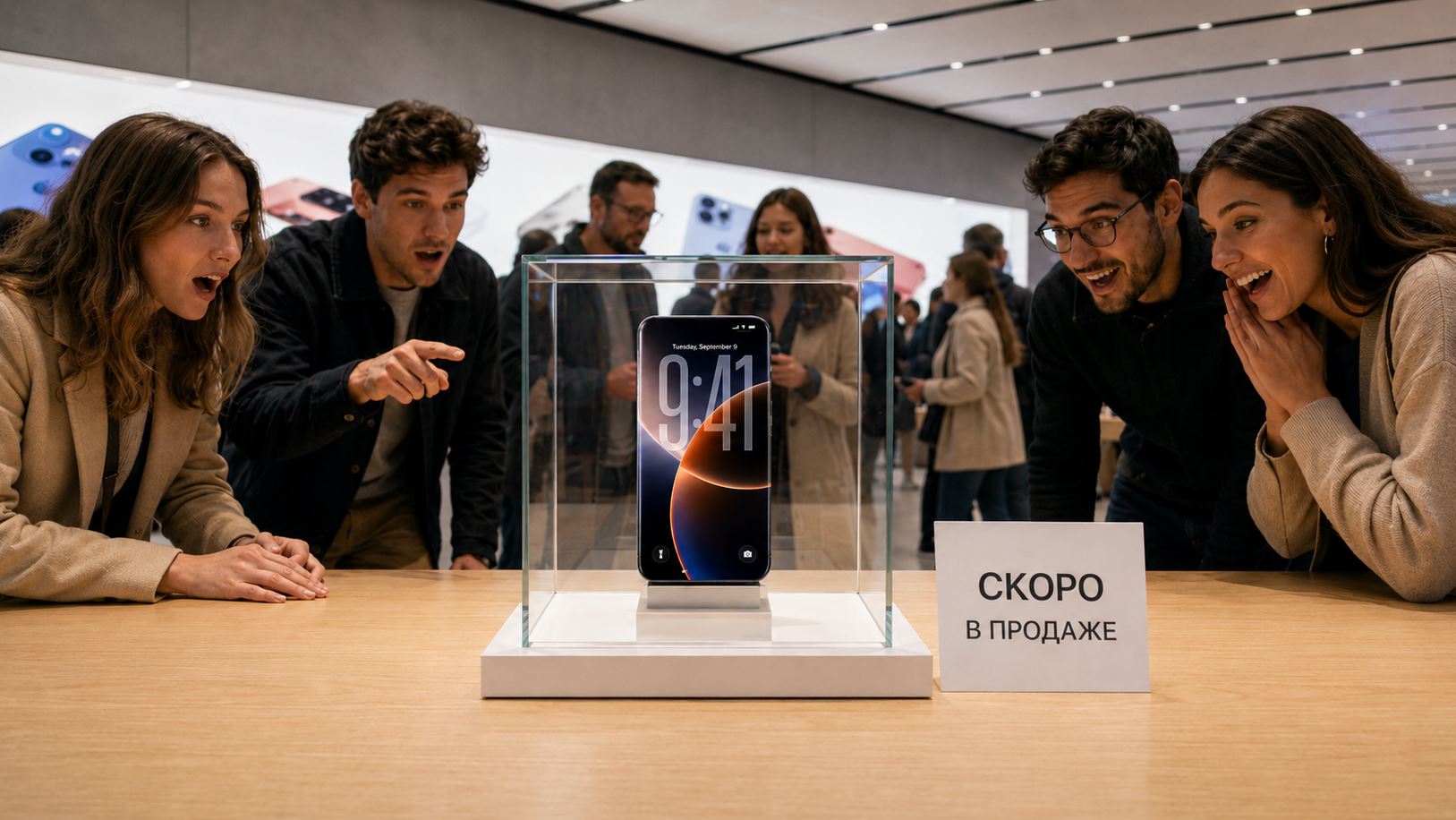Концептуальная иллюстрация юбилейного iPhone 20 в витрине