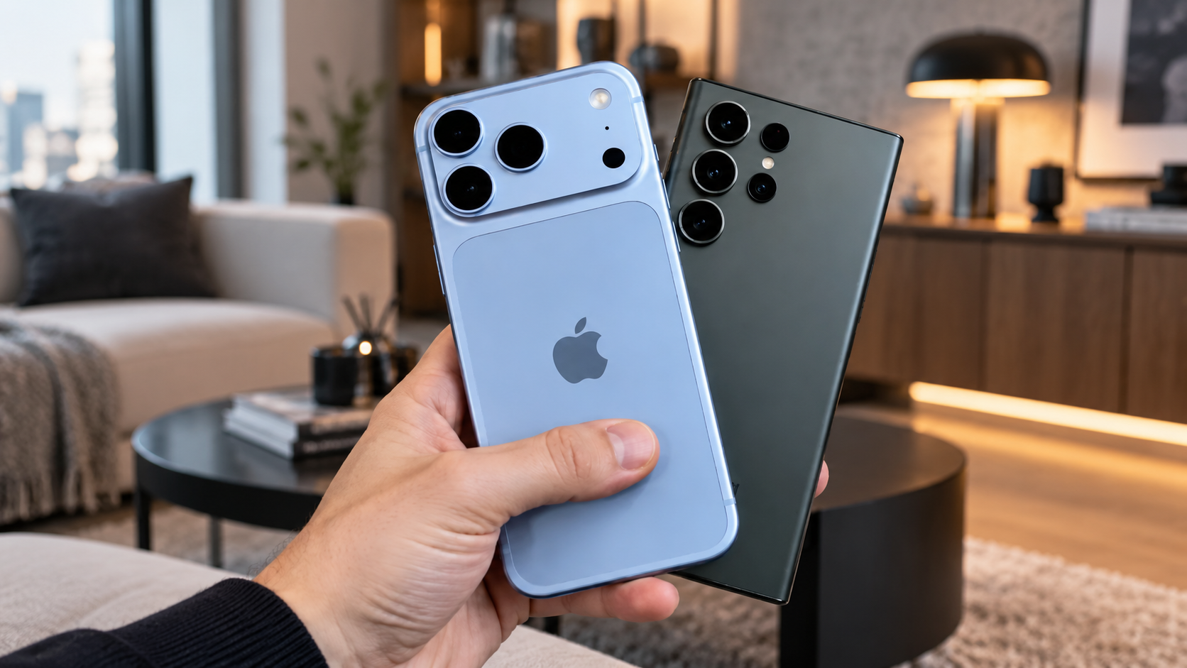 Голубой iPhone и тёмный Android-смартфон в руке