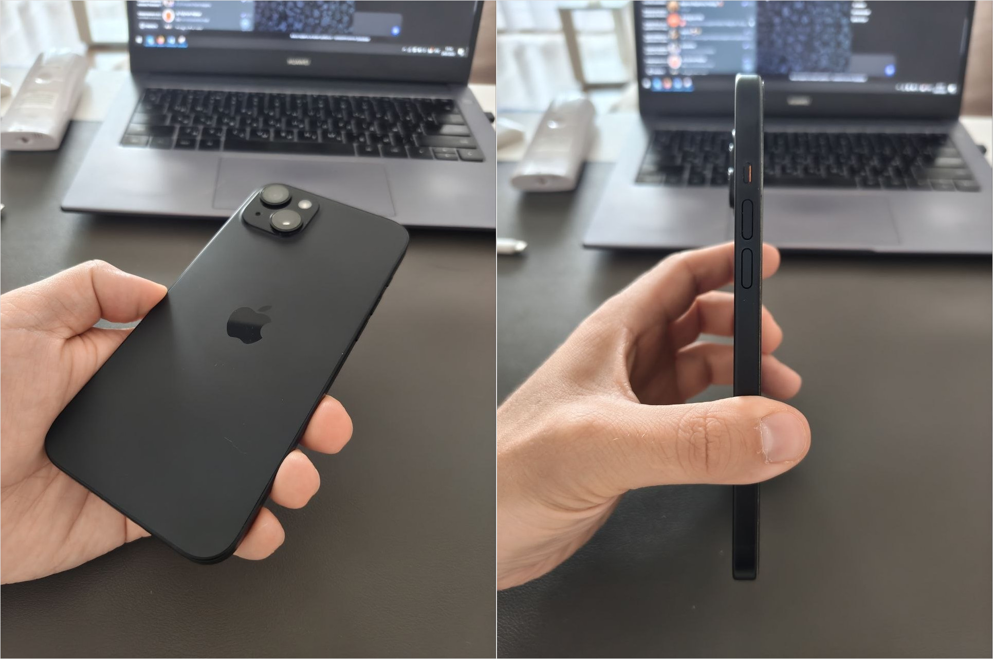 Чёрный iPhone 15 Plus в руке спереди и сбоку