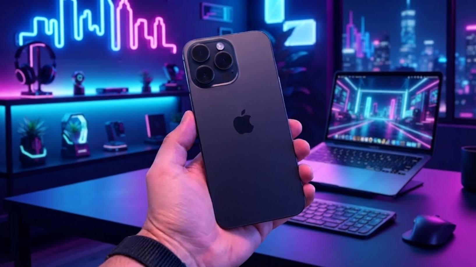 Тёмный iPhone 16 Pro Max в руке на фоне рабочего стола