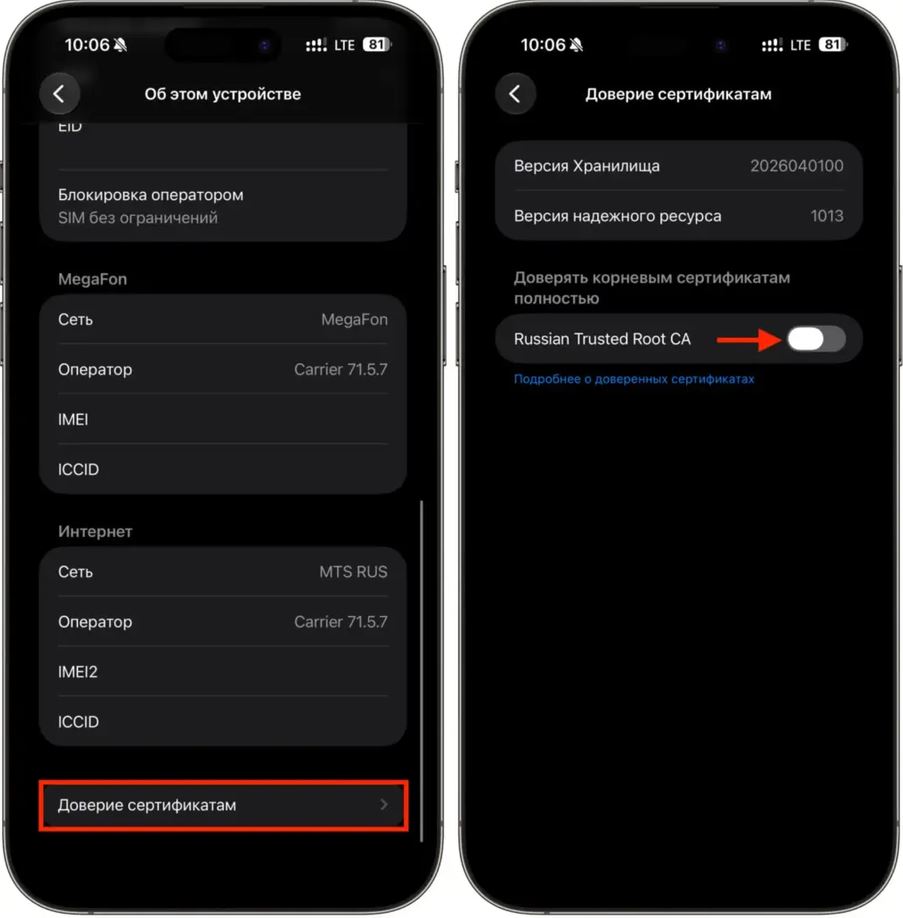 Включение полного доверия сертификату Russian Trusted Root CA на iPhone