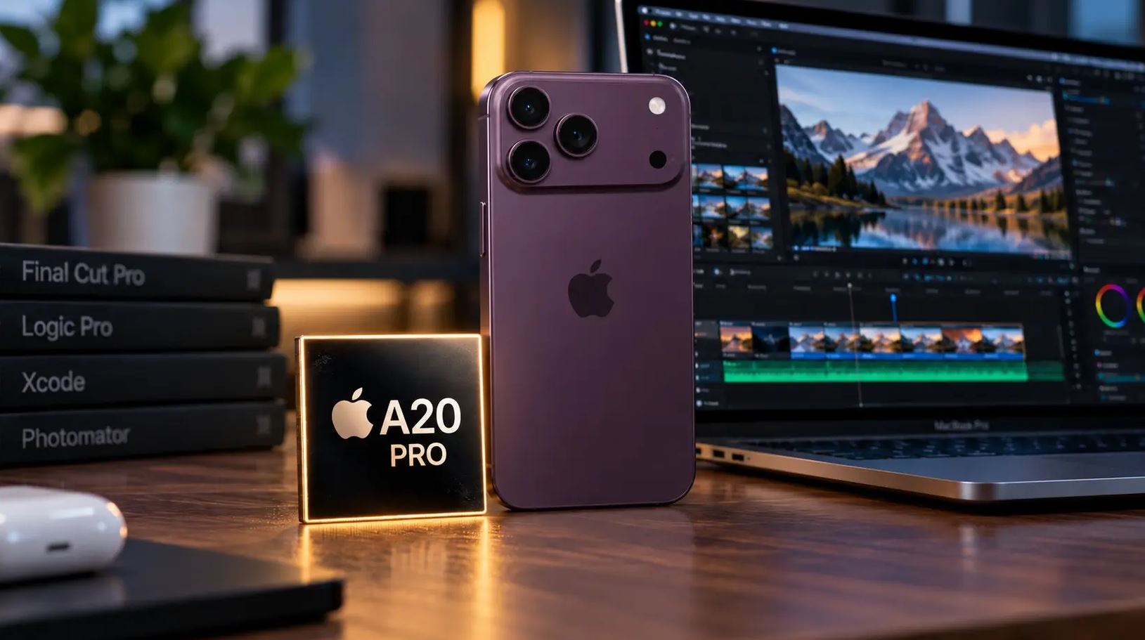 iPhone 18 Pro, чип A20 Pro и ноутбук с программой видеомонтажа