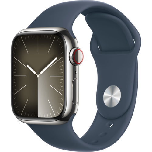 Смарт-часы Apple Watch Series 9 (GPS+Cellular) 41mm Silver Stainless Steel Case with Storm Blue Sport Band (Синий)