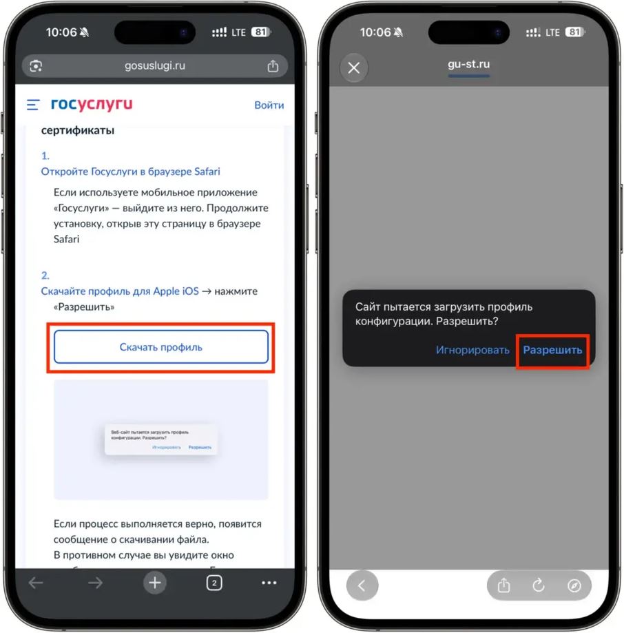 Загрузка сертификата Минцифры для iOS с сайта Госуслуг