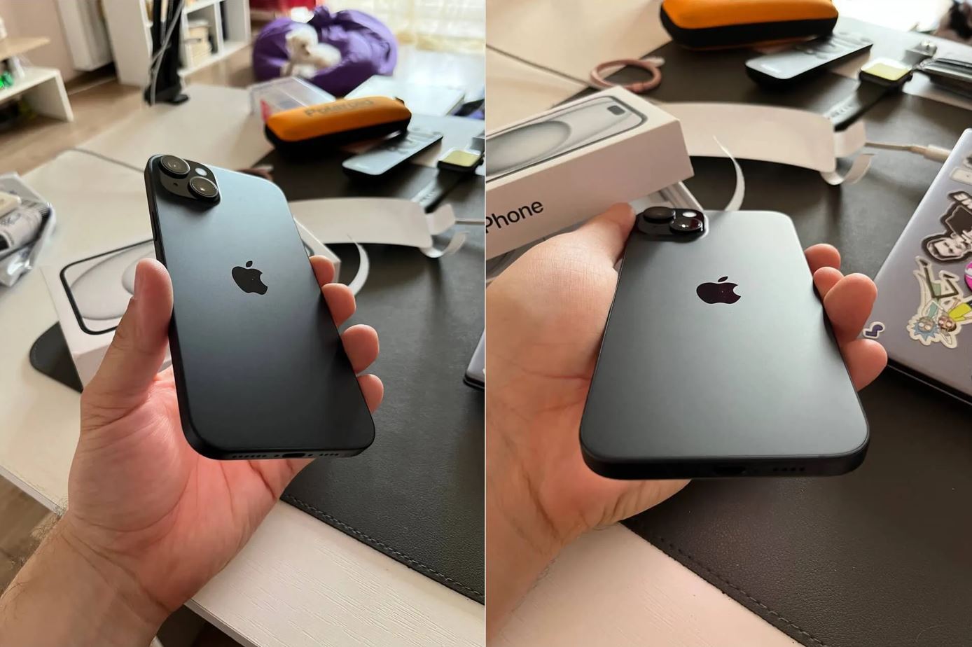 Чёрный iPhone 15 Plus спереди и сзади в руке
