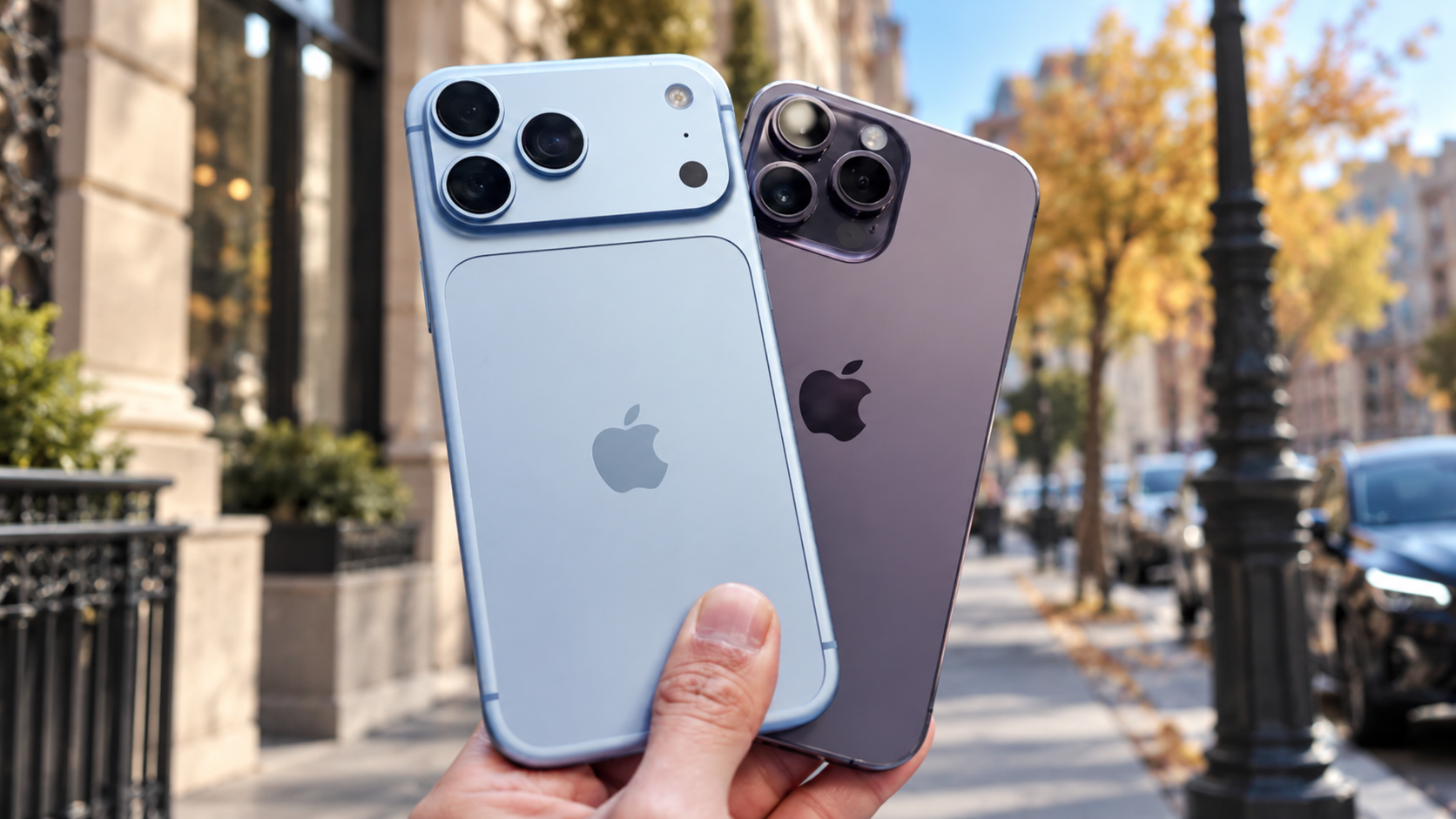 Два поколения iPhone Pro Max на фоне городской улицы