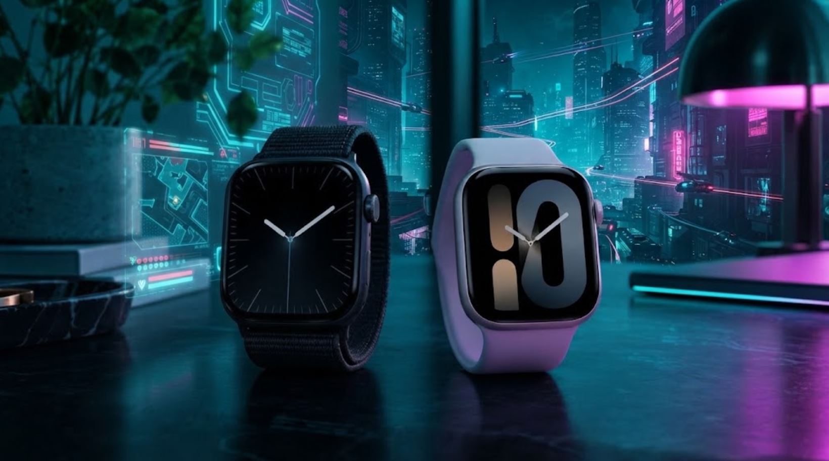Две модели Apple Watch Series 12 и Series 11 на фоне города