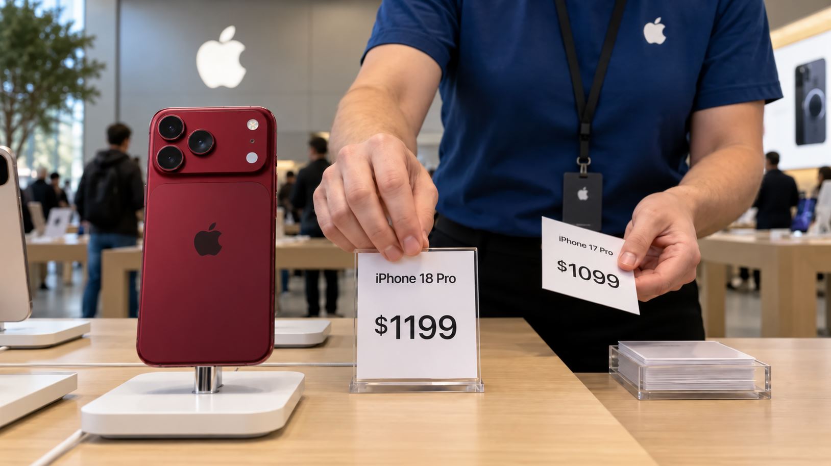Бордовый iPhone 18 Pro на витрине Apple с ценниками