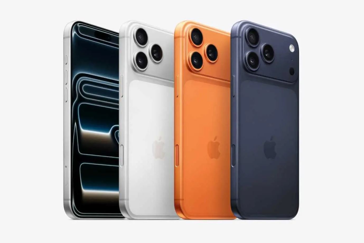 iPhone 17 Pro в серебристом, оранжевом и тёмно-синем цветах