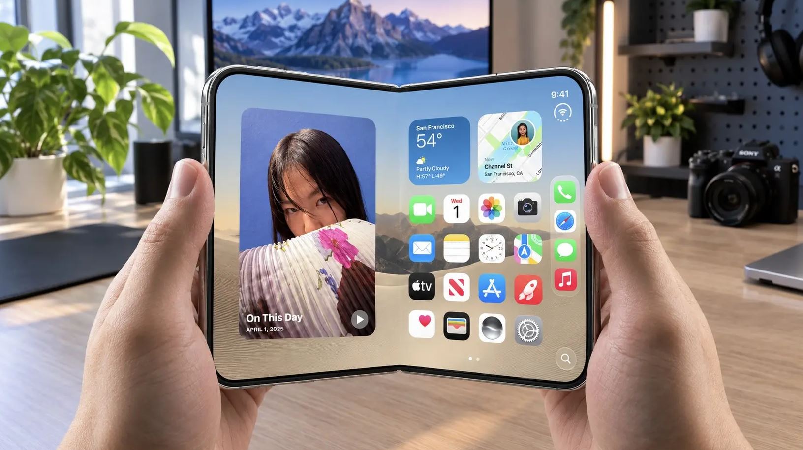 Разложенный iPhone Duo с внешним экраном в руках