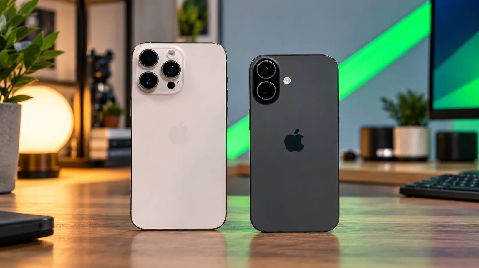 Светлый iPhone Pro Max и чёрный iPhone 17 рядом