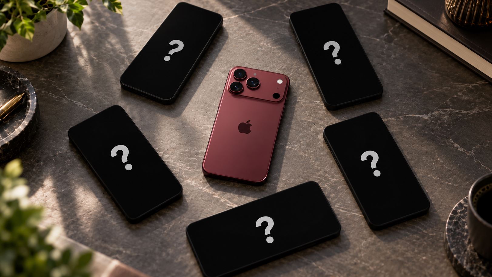 Бордовый iPhone 18 Pro среди смартфонов с вопросительными знаками на экранах