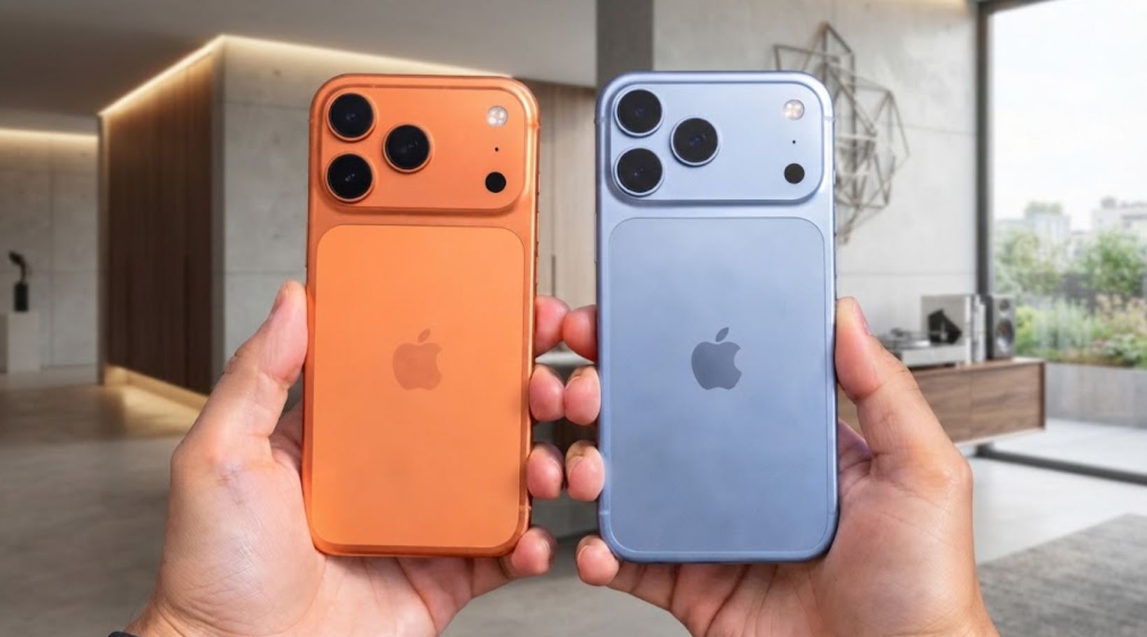 Оранжевый и голубой iPhone 18 Pro Max рядом в руках
