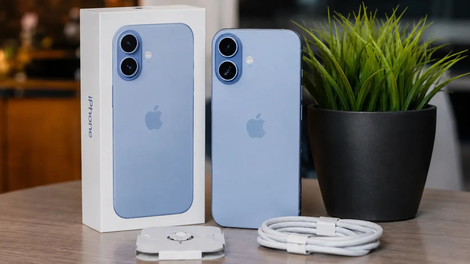 Голубой iPhone 17 рядом с коробкой и комплектным кабелем