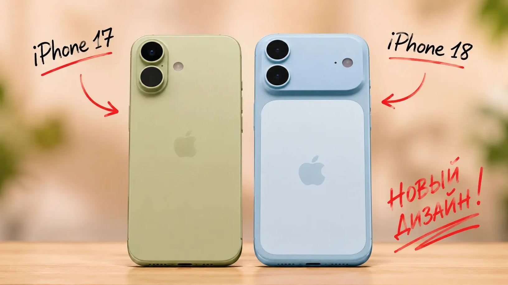 Концептуальное сравнение iPhone 17 и предполагаемого iPhone 18