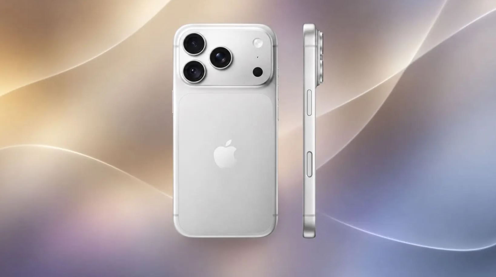 Серебристый iPhone 18 Pro с тройной камерой, вид сзади и сбоку