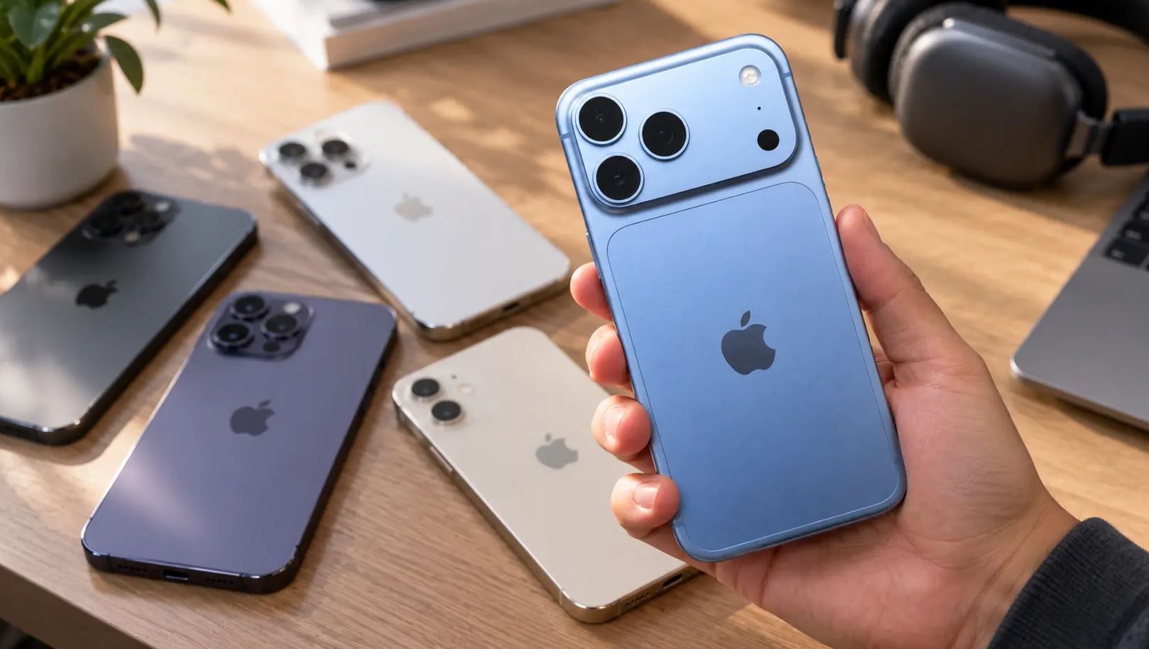 Голубой iPhone 18 Pro в руке рядом с другими моделями iPhone